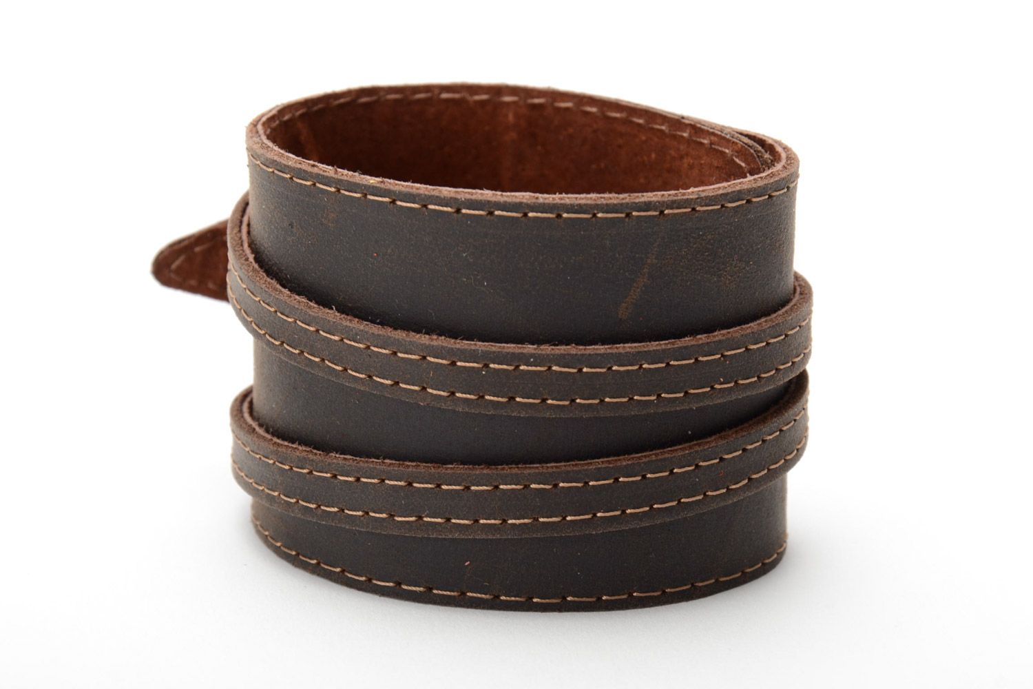 Handmade genuine leather double wrap wrist bracelet of dark brown color unisex photo 3