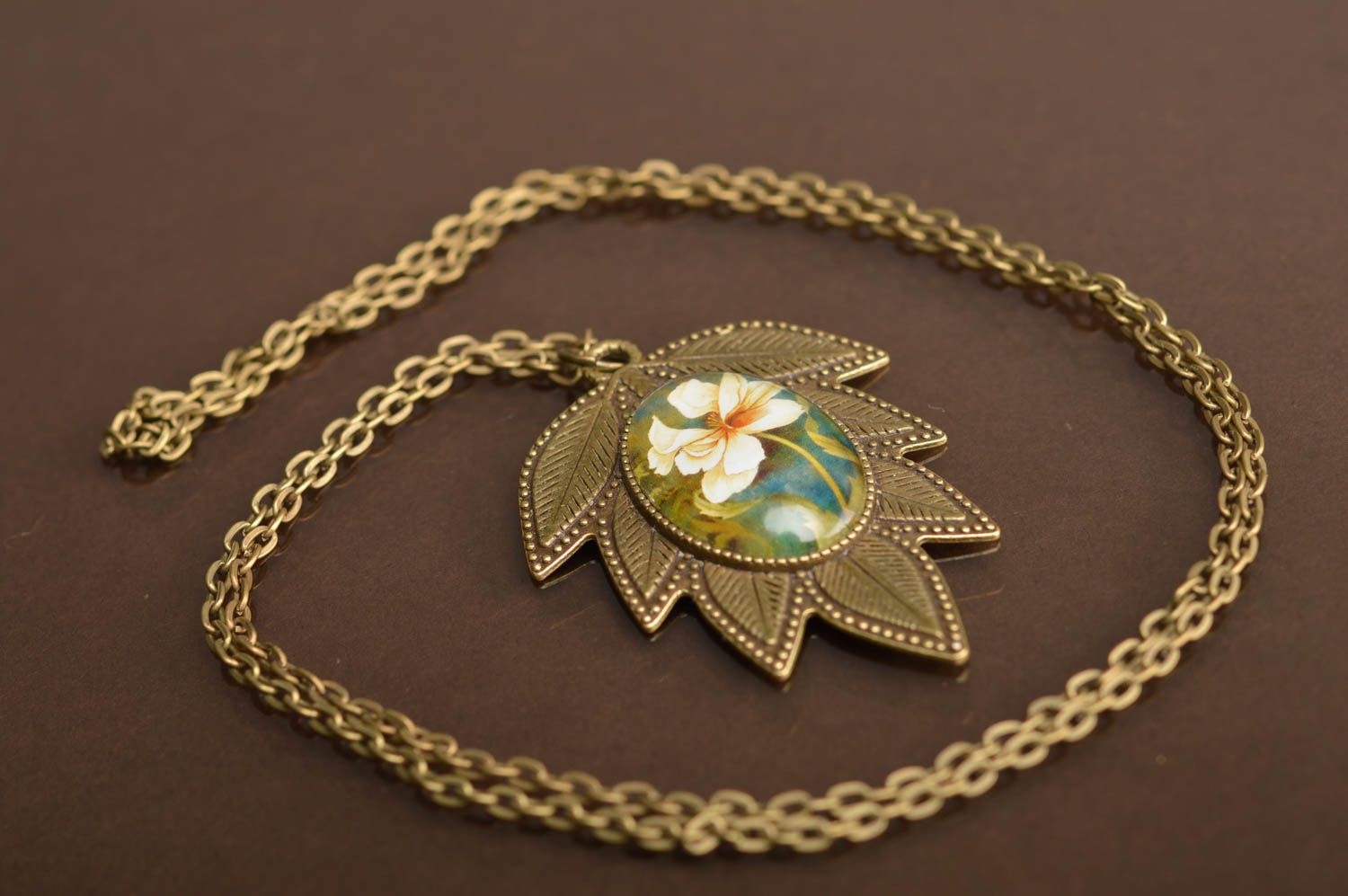 Unusual beautiful handmade designer metal neck pendant with cabochon for women photo 3
