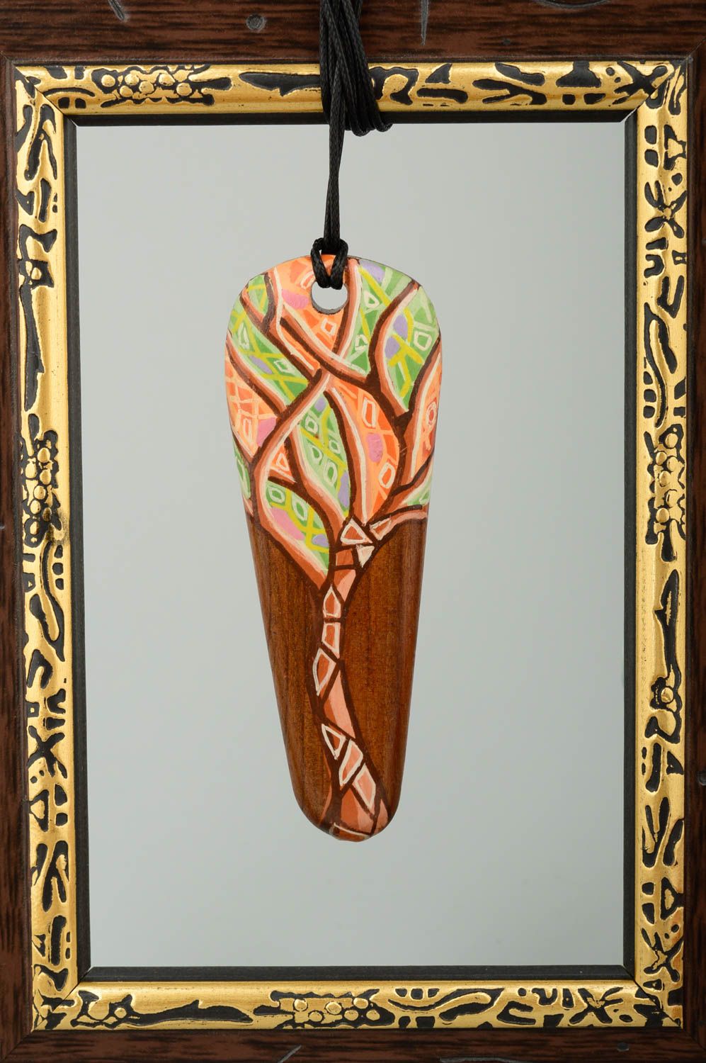 Pendentif bois Bijou fait main grand peint multicolore bel Accessoire femme photo 1