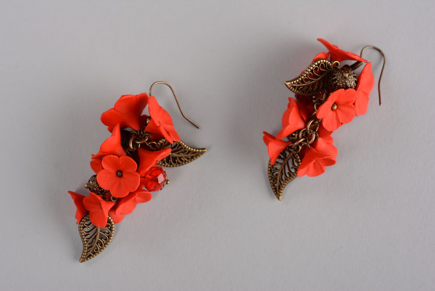 Homemade polymer clay earrings Red Flowers photo 1