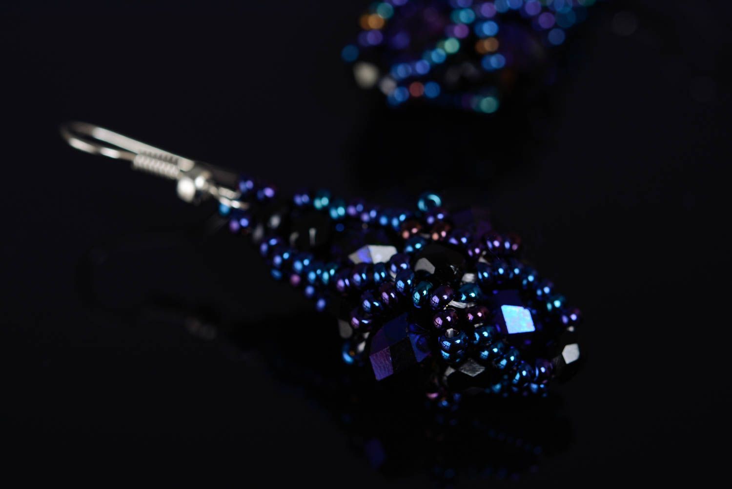 Handmade festive long beaded dangle earrings of blue color for evening party photo 4