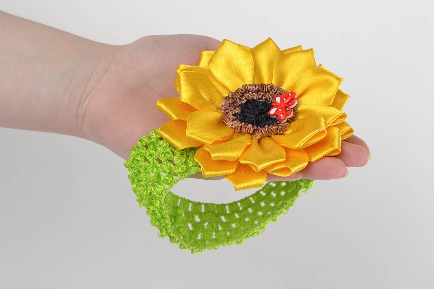Handmade designer green headband with yellow satin ribbon kanzashi sunflower photo 2