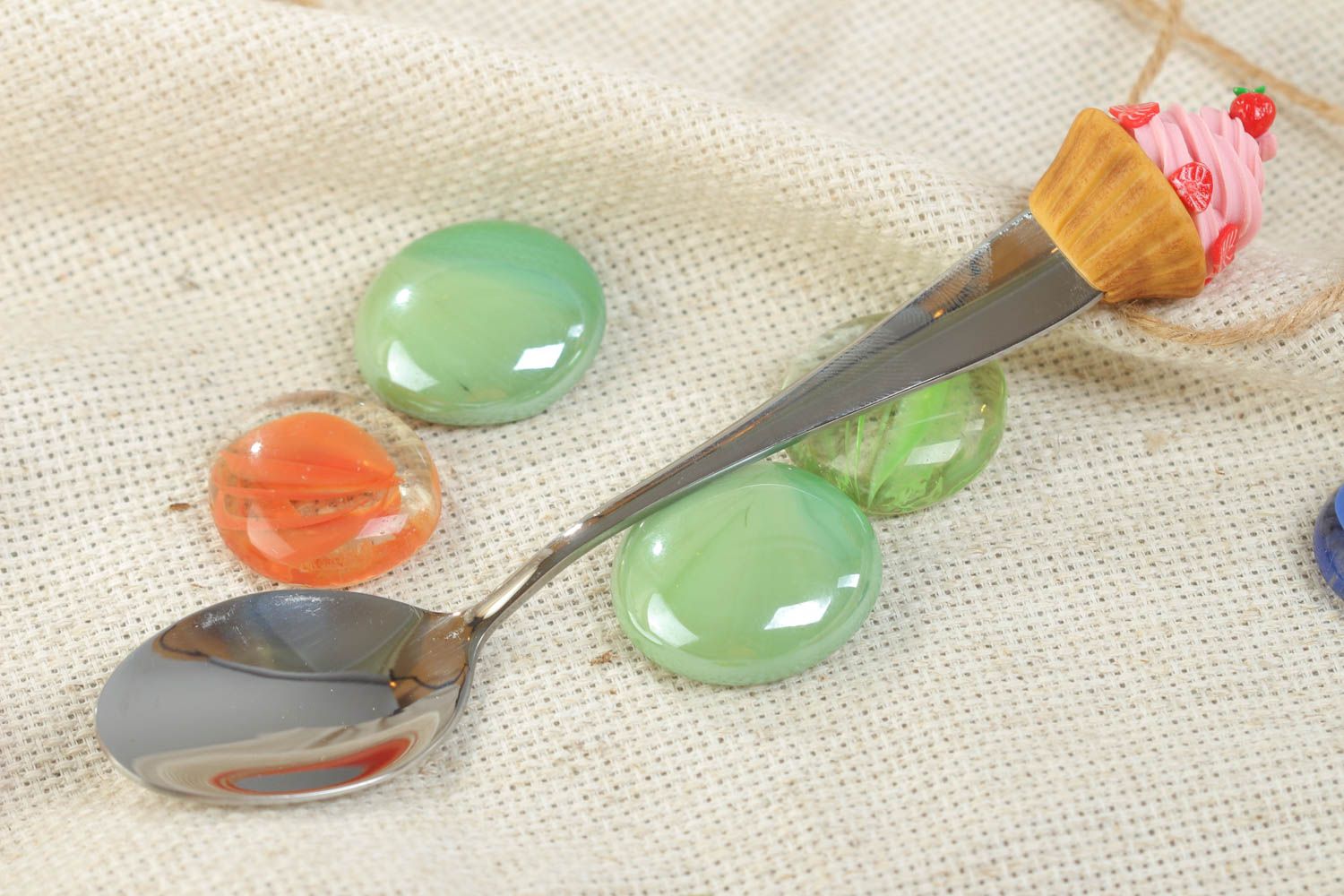 Handmade dessert spoon with handle decorated with small bright polymer clay cake  photo 1