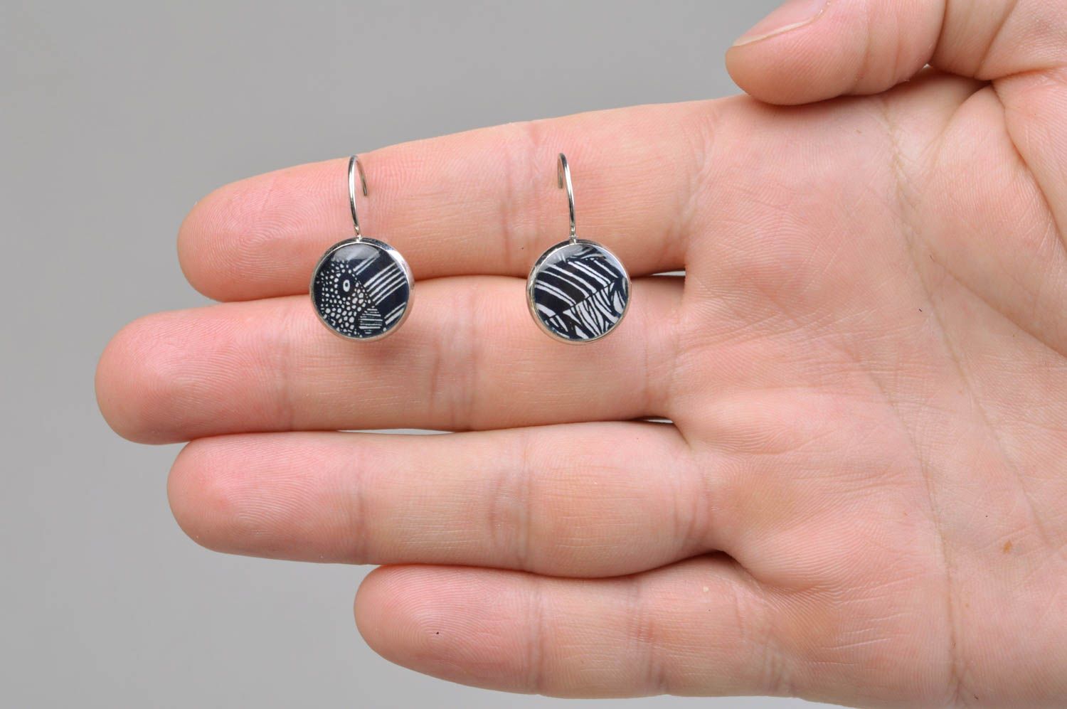 Handmade earrings with pendants black and white round unusual decoupage jewelry photo 4