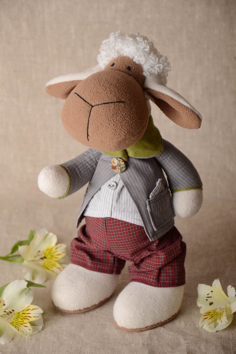 Beautiful soft toy lamb handmade doll made of natural fabrics and fleece photo 1