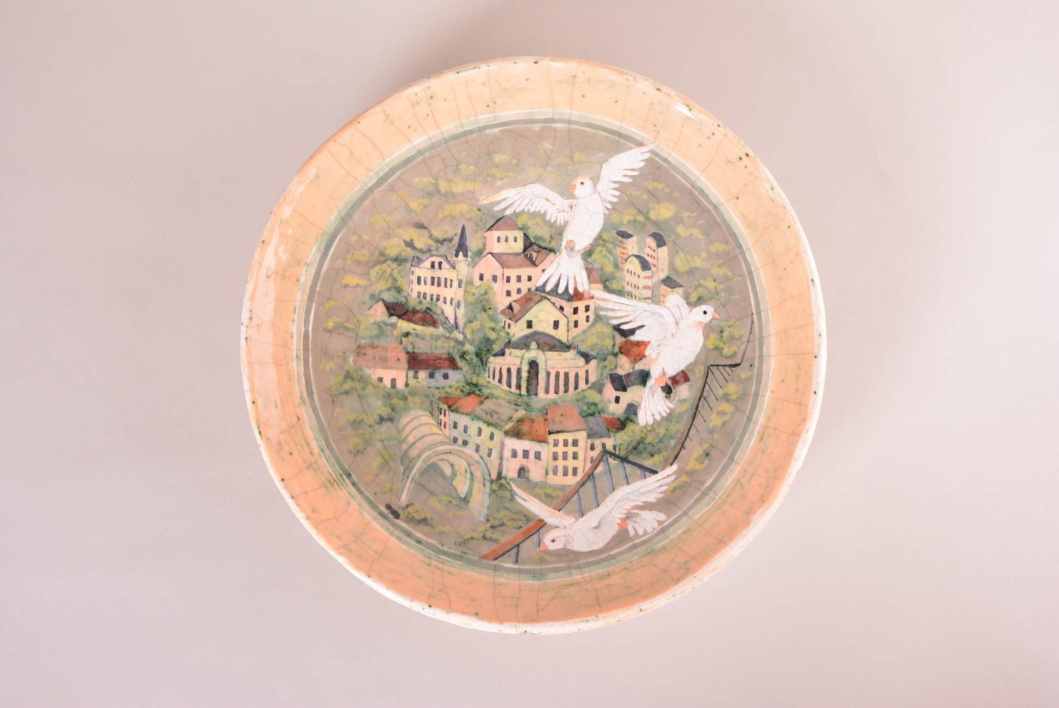 Керамическая тарелка хэнд мэйд глиняная посуда расписная тарелка с пейзажем фото 1