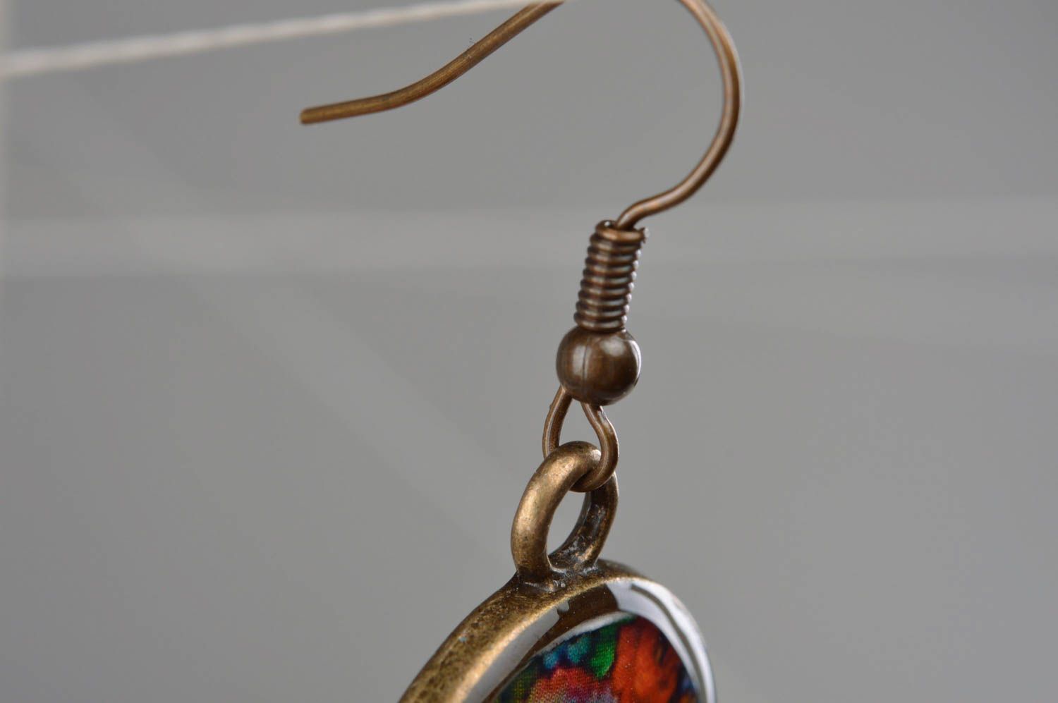 Unusual handmade designer decoupage round earrings with flower drawing photo 3