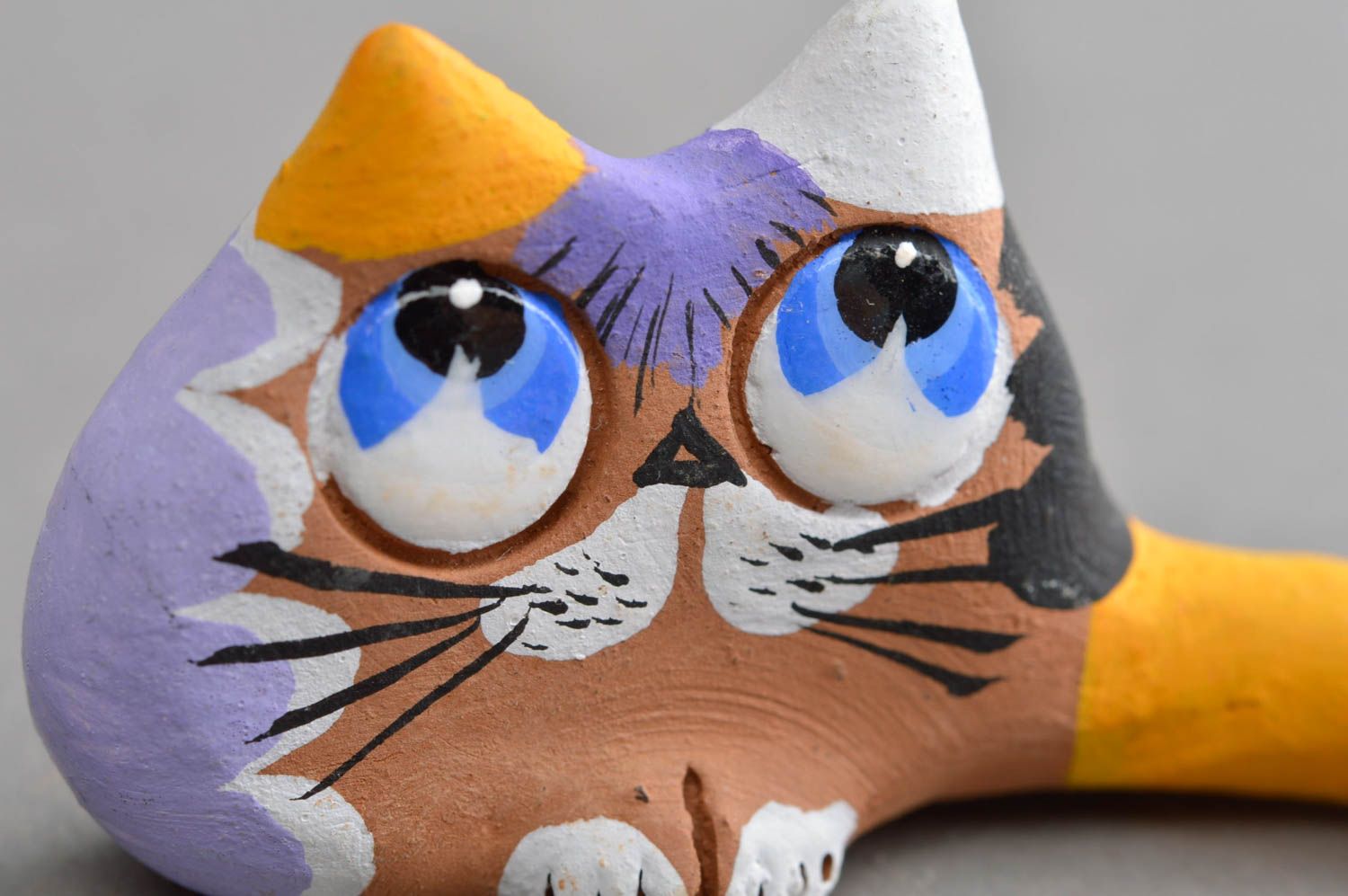 Figurine céramique chat avec bol originale marron violet faite main décoration photo 5
