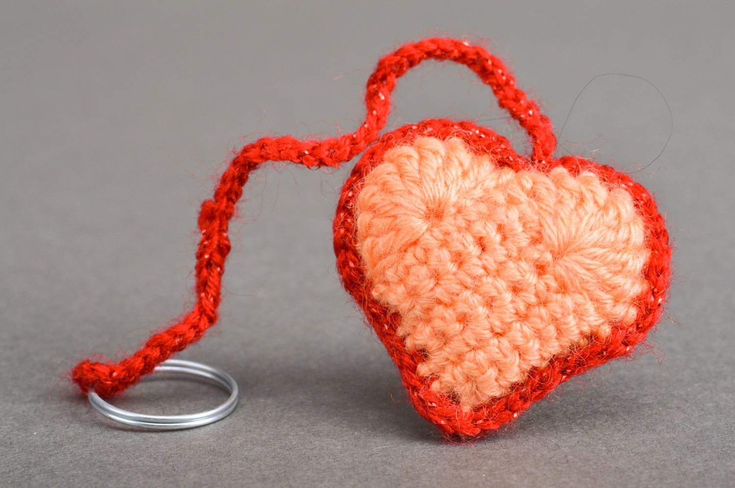 Handmade soft red and pink heart-shaped keychain crocheted of semi-woolen threads photo 5