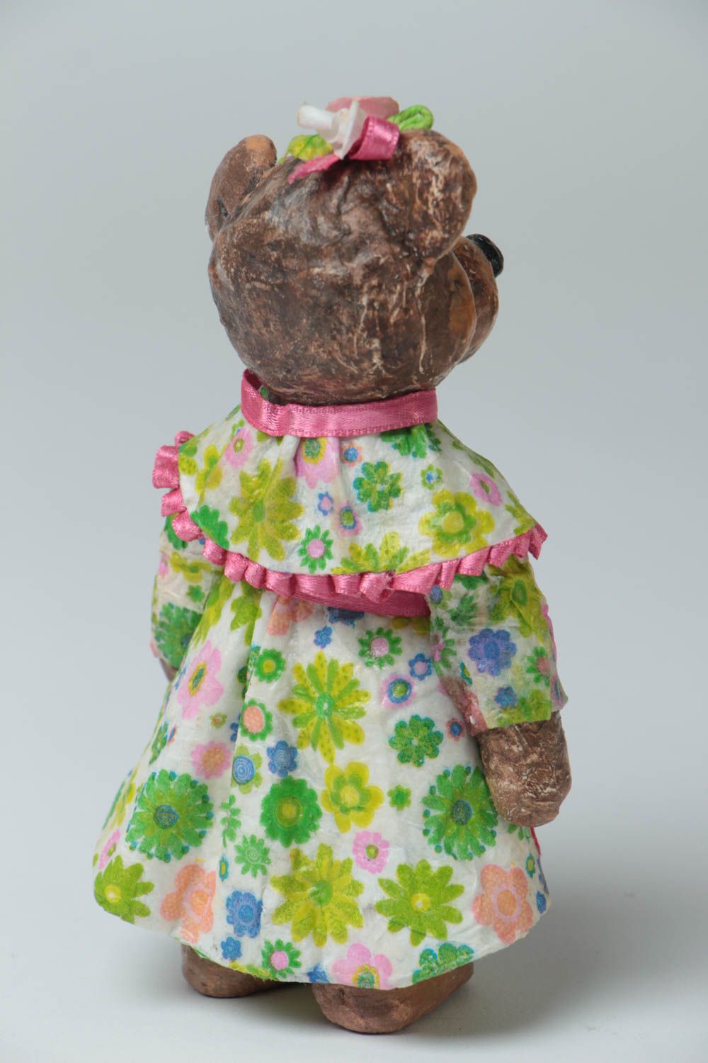 Handmade small painted paper mache figurine of bear girl in floral dress photo 4
