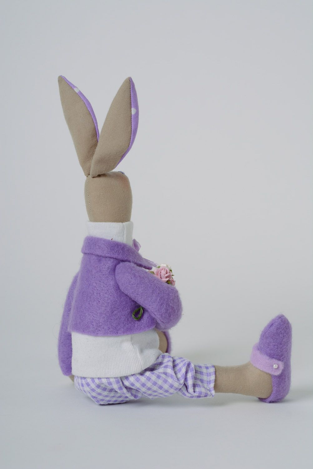 Cute handmade designer soft toy sewn of fabric Rabbit with violet ears  photo 5
