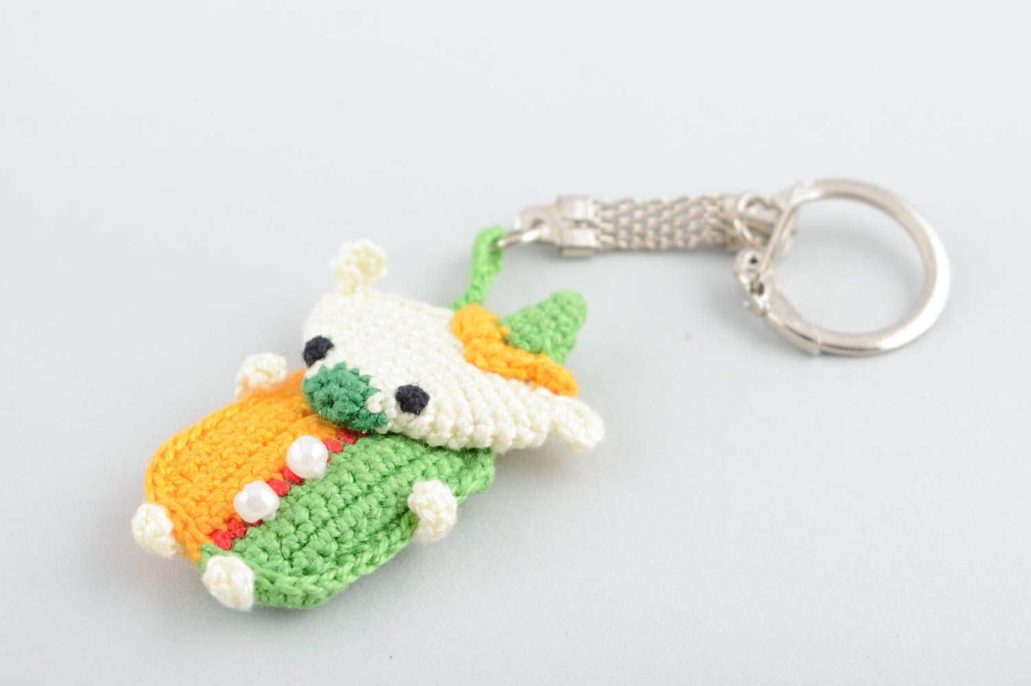 Handmade decorative soft keychain in the form of bear amigurumi toy photo 4