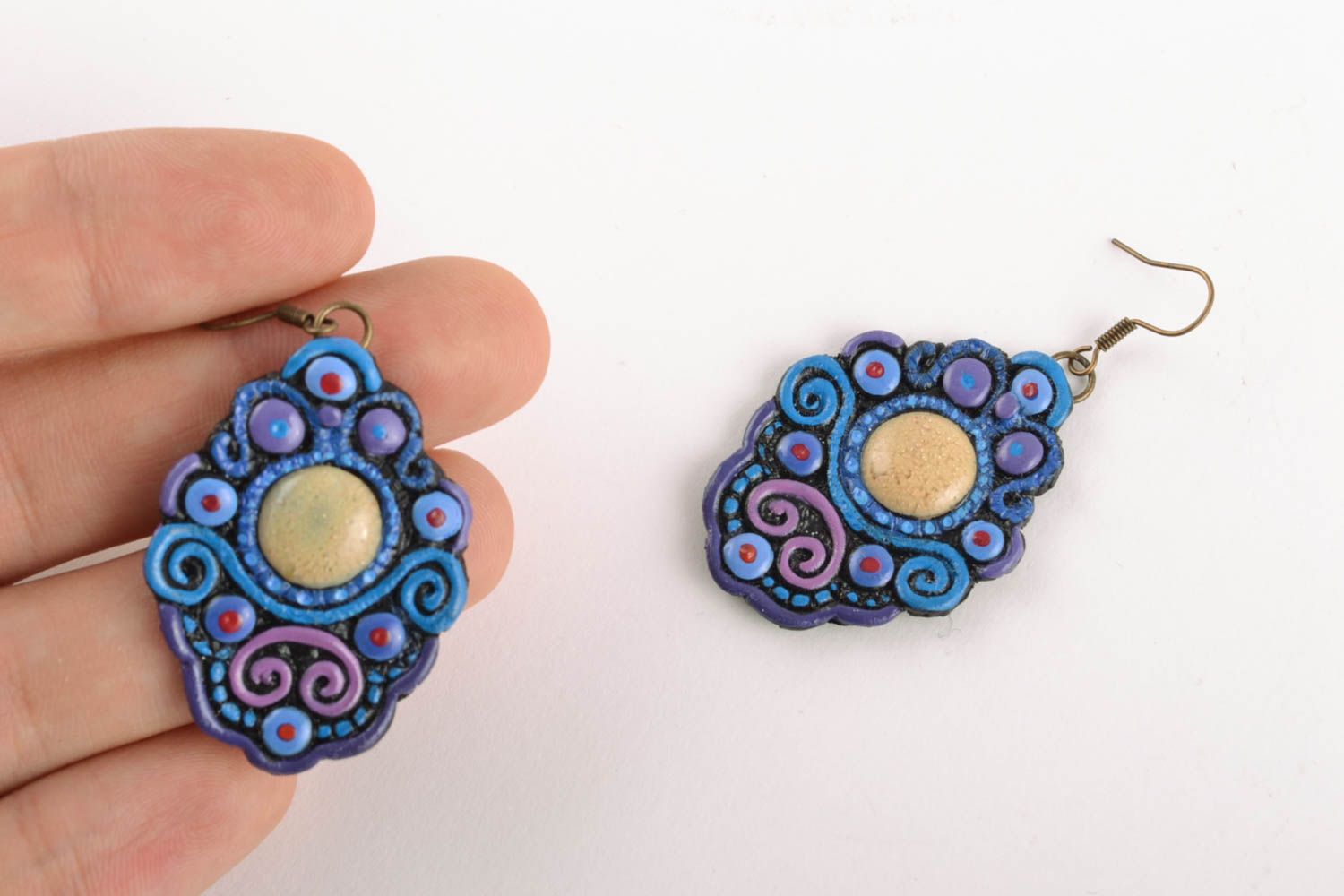 Blue polymer clay earrings with ornament photo 2