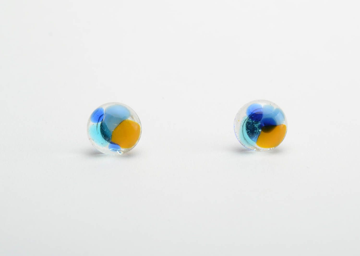 Small stud earrings round-shaped colored blue with yellow glass handmade jewelry photo 5