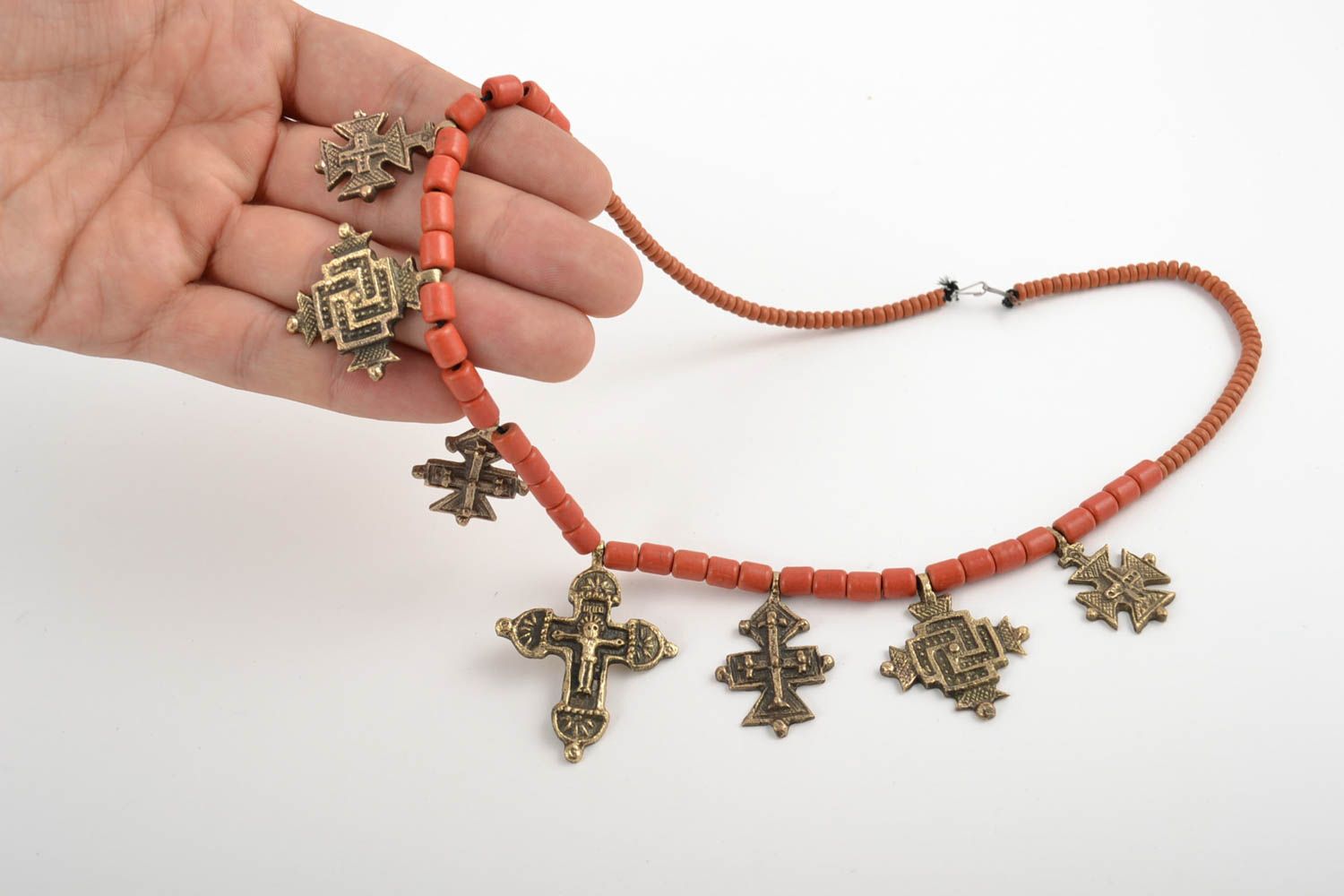Unusual beautiful handmade designer coral bead necklace with crosses photo 1
