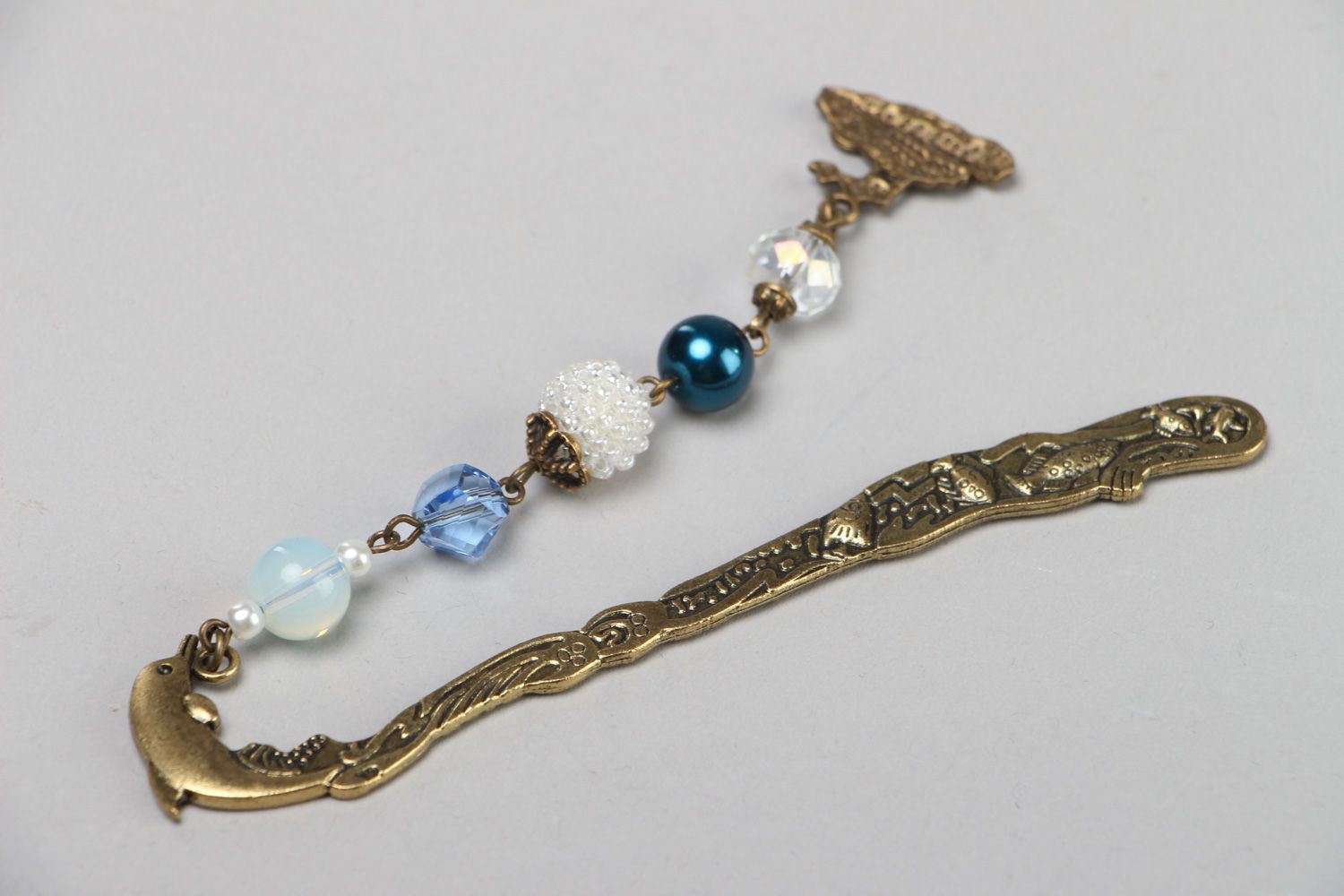 Handmade bronze colored metal bookmark with Czech and glass beads charm  photo 3