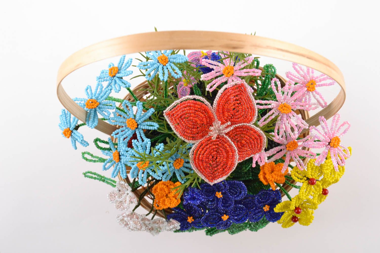 Handmade decorative woven basket with bright colorful volume beaded flowers  photo 3