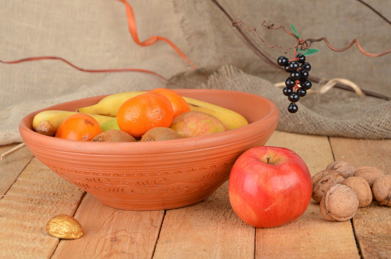 Handmade light ceramic fruit bowl with scratched ethnic ornament eco friendly photo 1