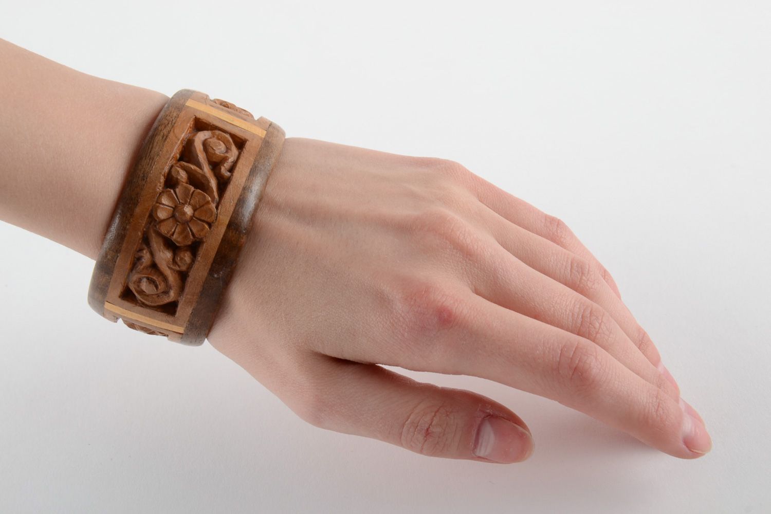 Two colored handmade wide wooden wrist bracelet with intarsia for women photo 5