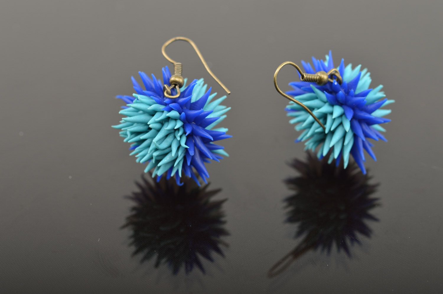Beautiful blue handmade polymer clay earrings in the shape of sea urchins photo 3