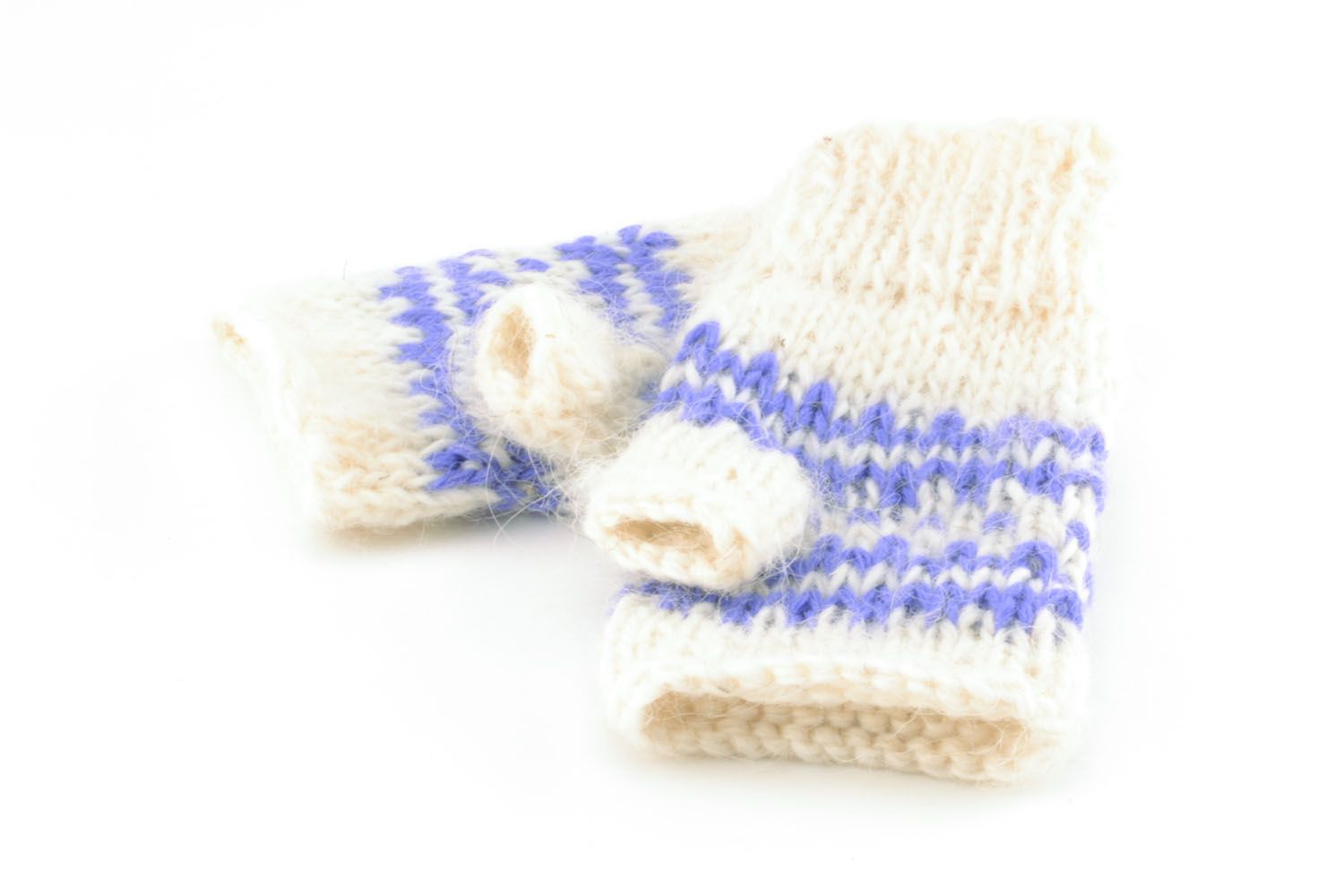 Mitenes com padrão azul de lã feitas à mão com agulhas  foto 4