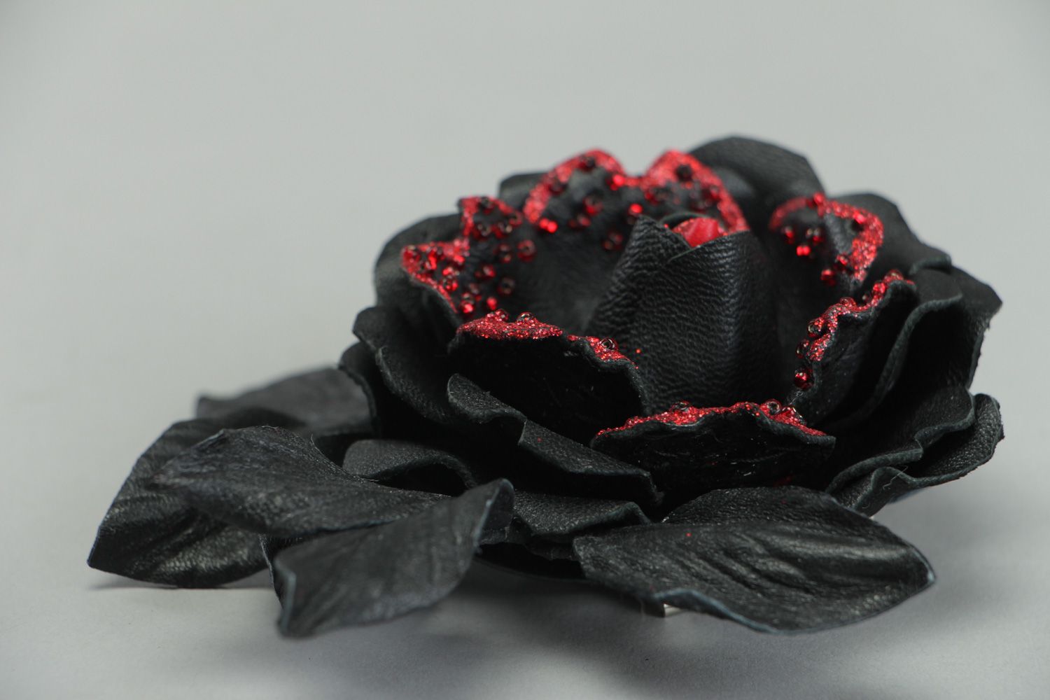 Handmade volume leather brooch in the shape of flower with leaves red and black photo 2