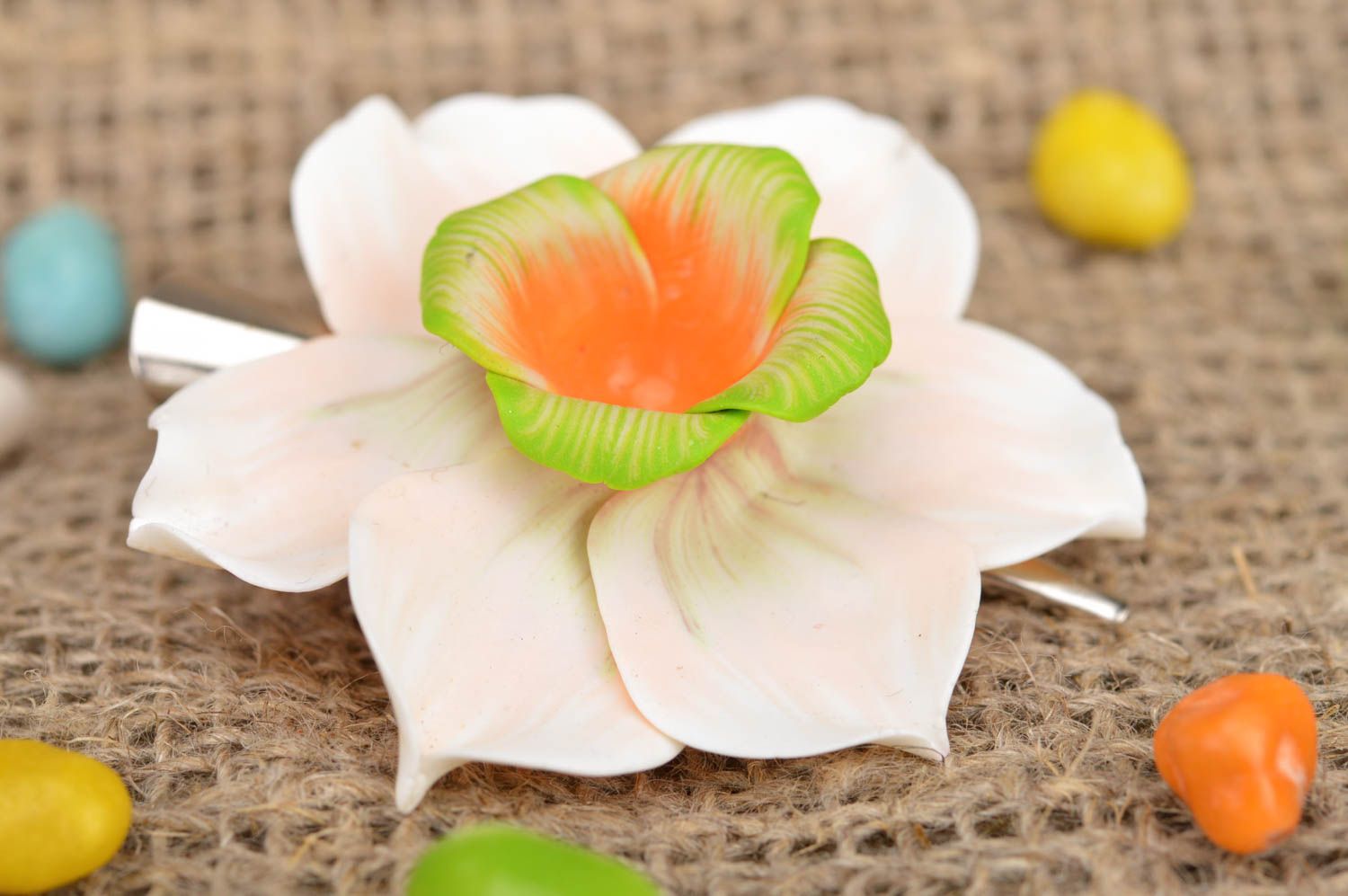 Handmade designer hair clip with large volume polymer clay narcissus flower photo 1