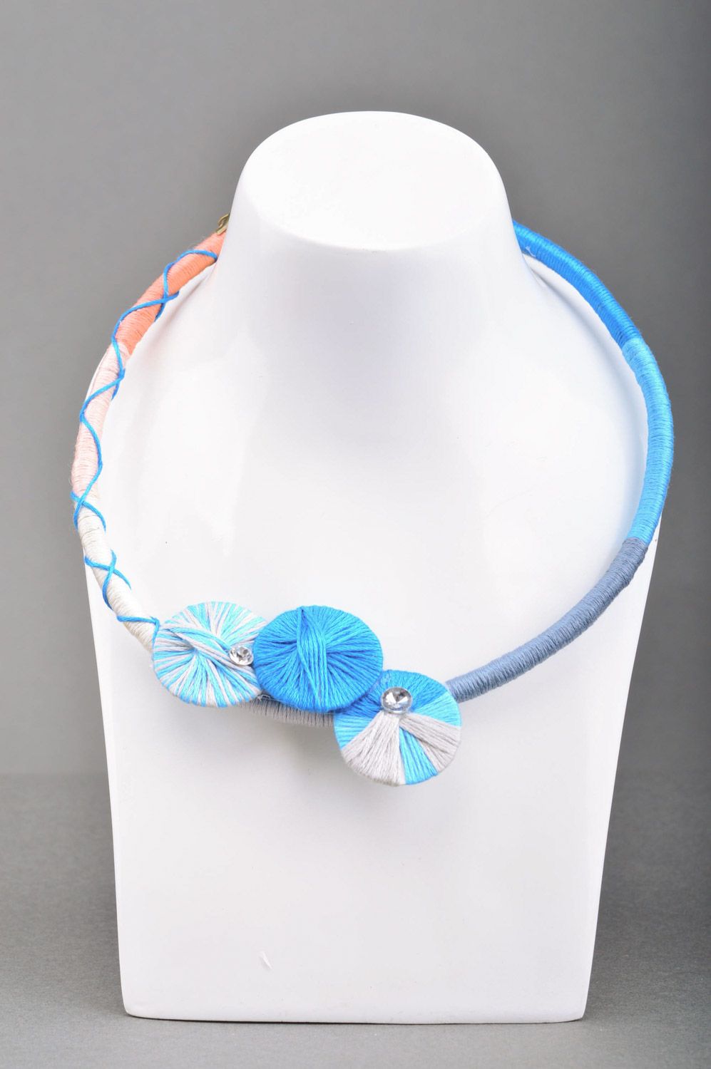Handmade embroidery threads laconic necklace in blue color palette for women photo 2
