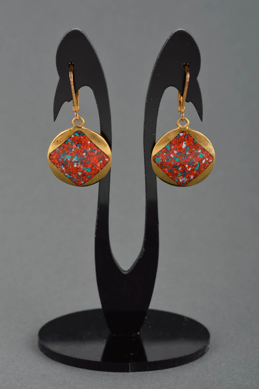Elegant earrings with natural stones handmade brass earrings metal bijouterie photo 1