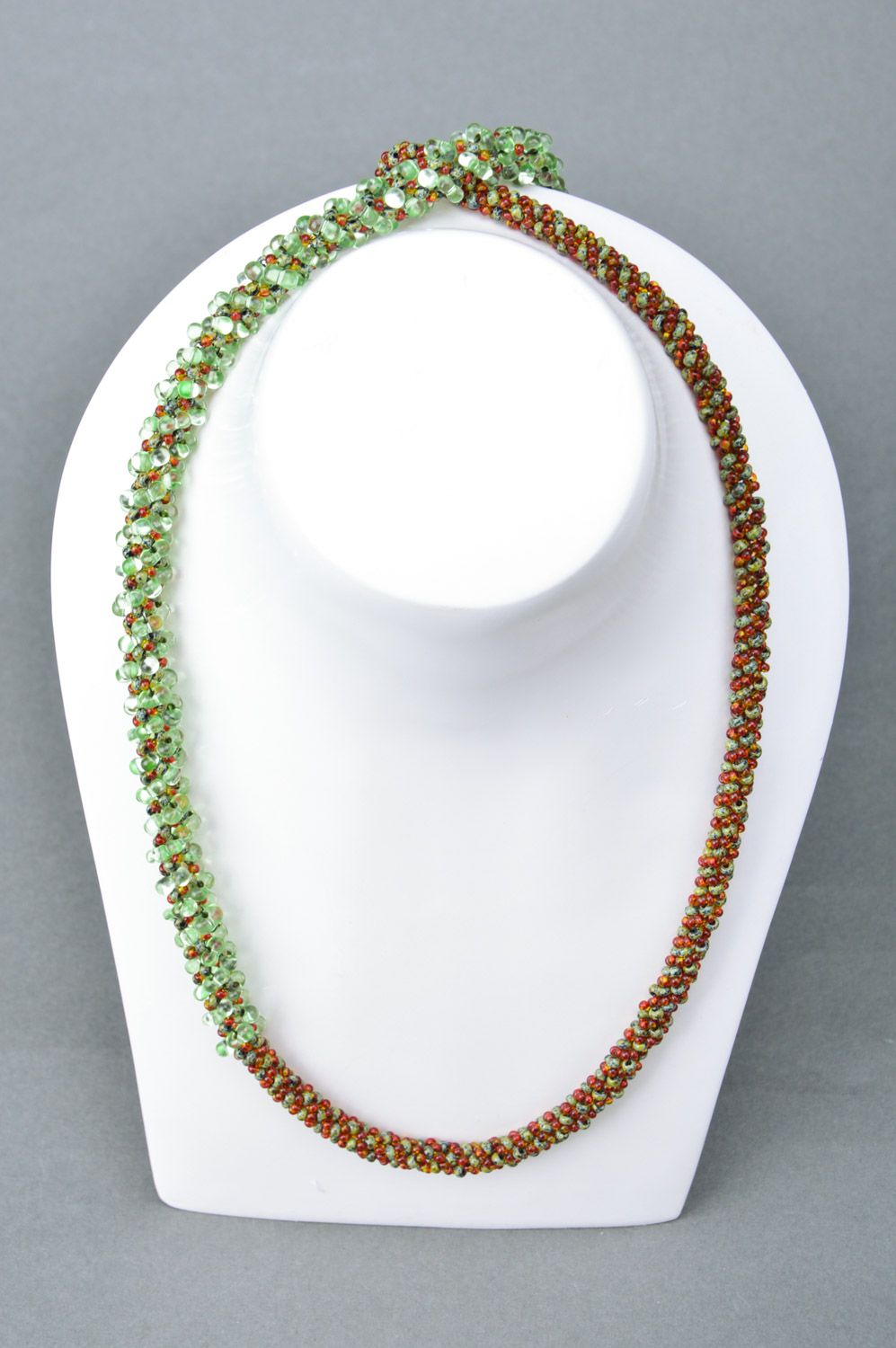 Stylish handmade beaded cord necklace in green and brown colors for every day photo 3