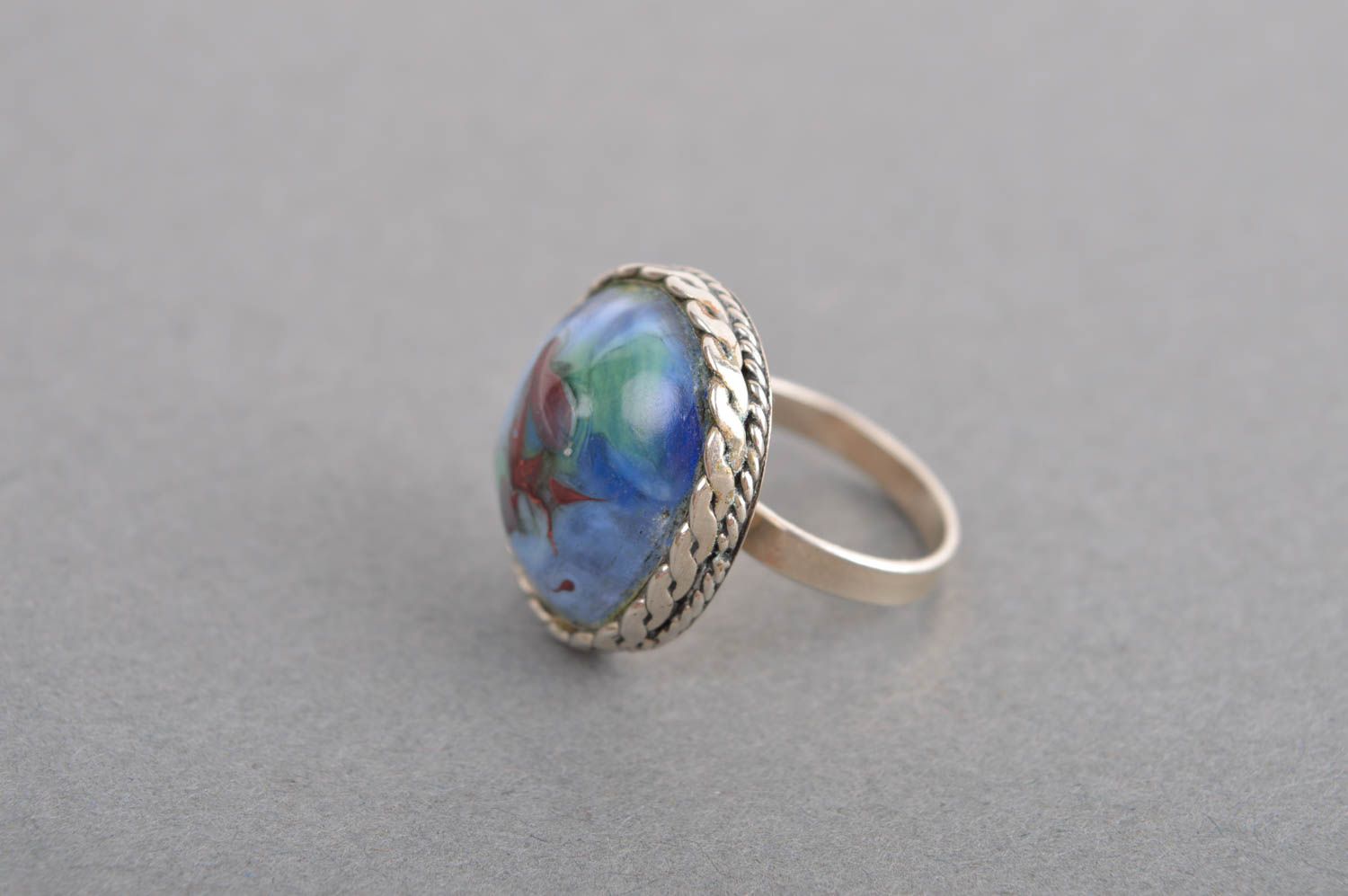 Стильное кольцо хэнд мэйд украшение из мельхиора женское кольцо с синим стеклом фото 2