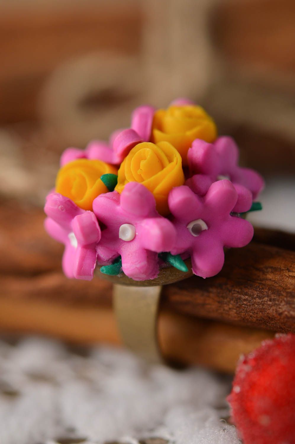 Handmade big ring flower jewelry seal ring polymer clay rings for women photo 2