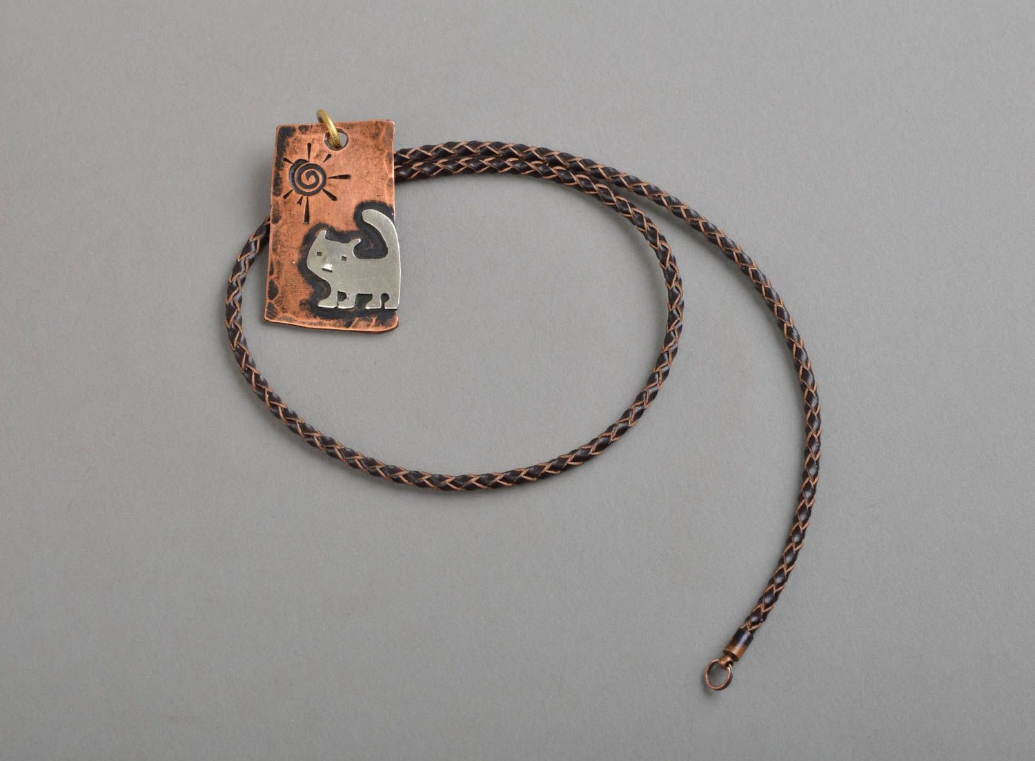 Handmade rectangular pendant made of brass and stainless steel cat for girls photo 2