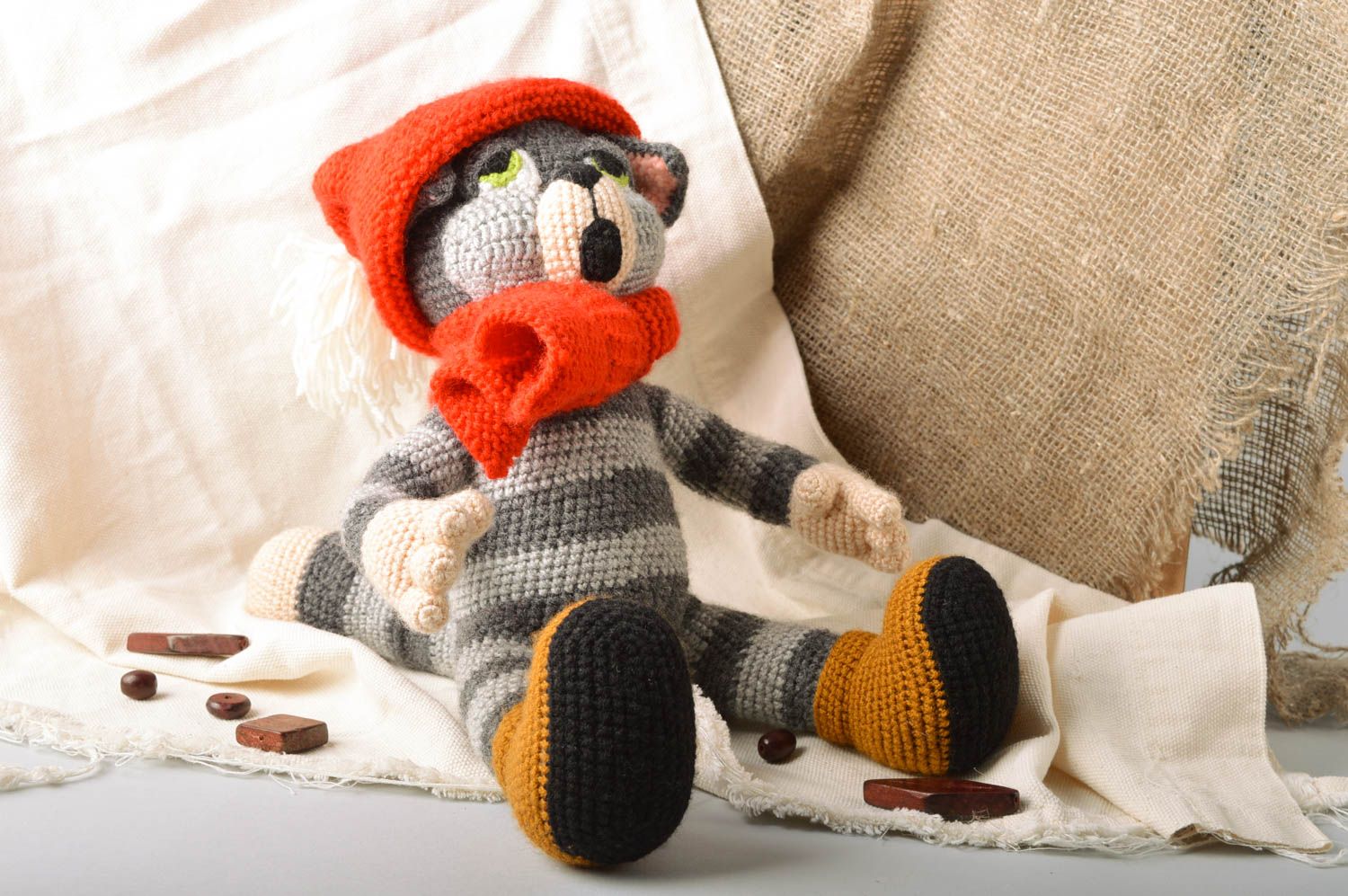 Handmade designer crochet toy striped gray cat in red hat and scarf photo 1