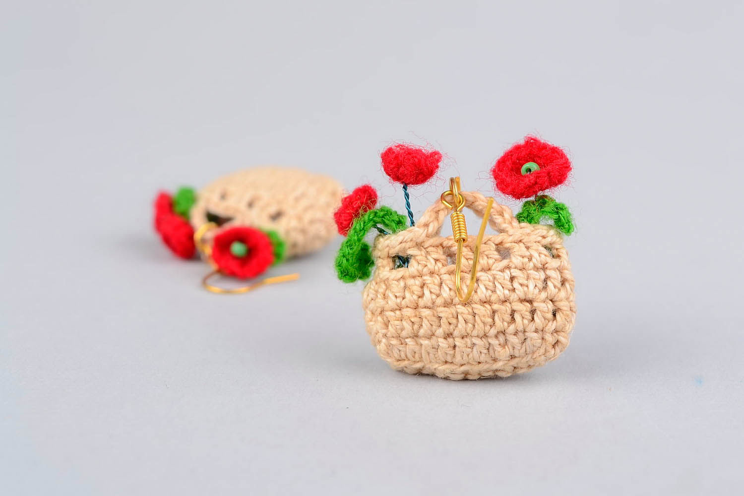 Knitted earrings Basket with poppy seeds photo 5