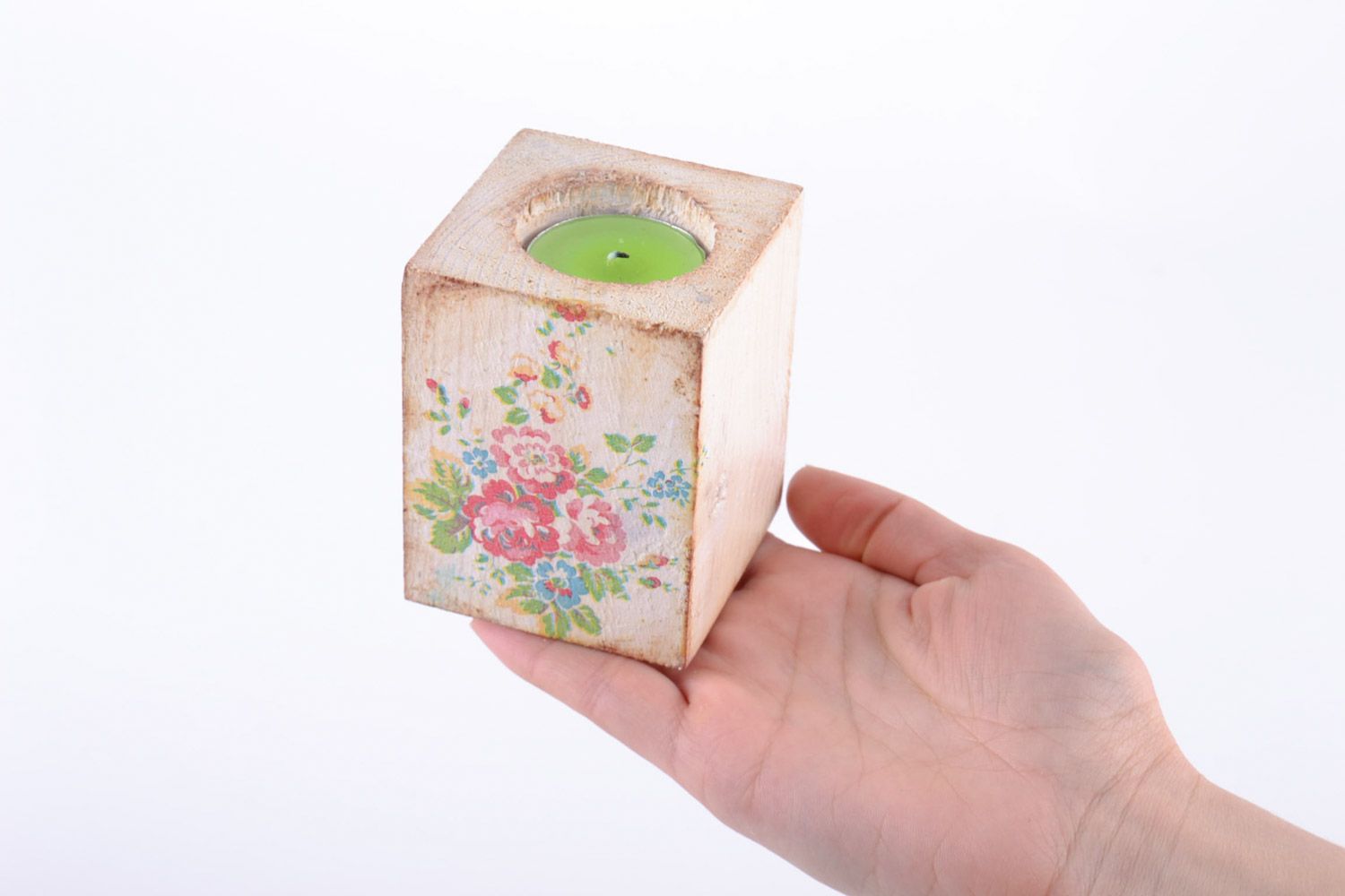 Handgemachter Teelichthalter aus Holz mit Bild in Decoupage Technik für Interieur foto 2