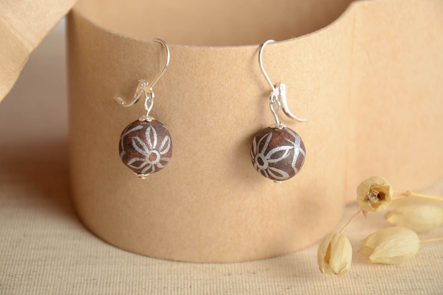Stylish handmade ceramic ball earrings painted clay earrings gifts for her photo 1
