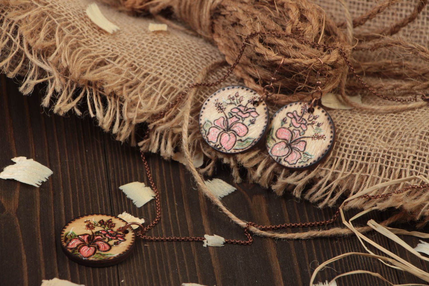 Handmade ethnic accessories earrings with charms pendant on chain wooden jewelry photo 1