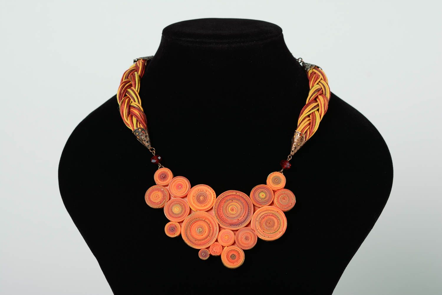 Handmade necklace made of polymer clay orange with cord beautiful accessory photo 1