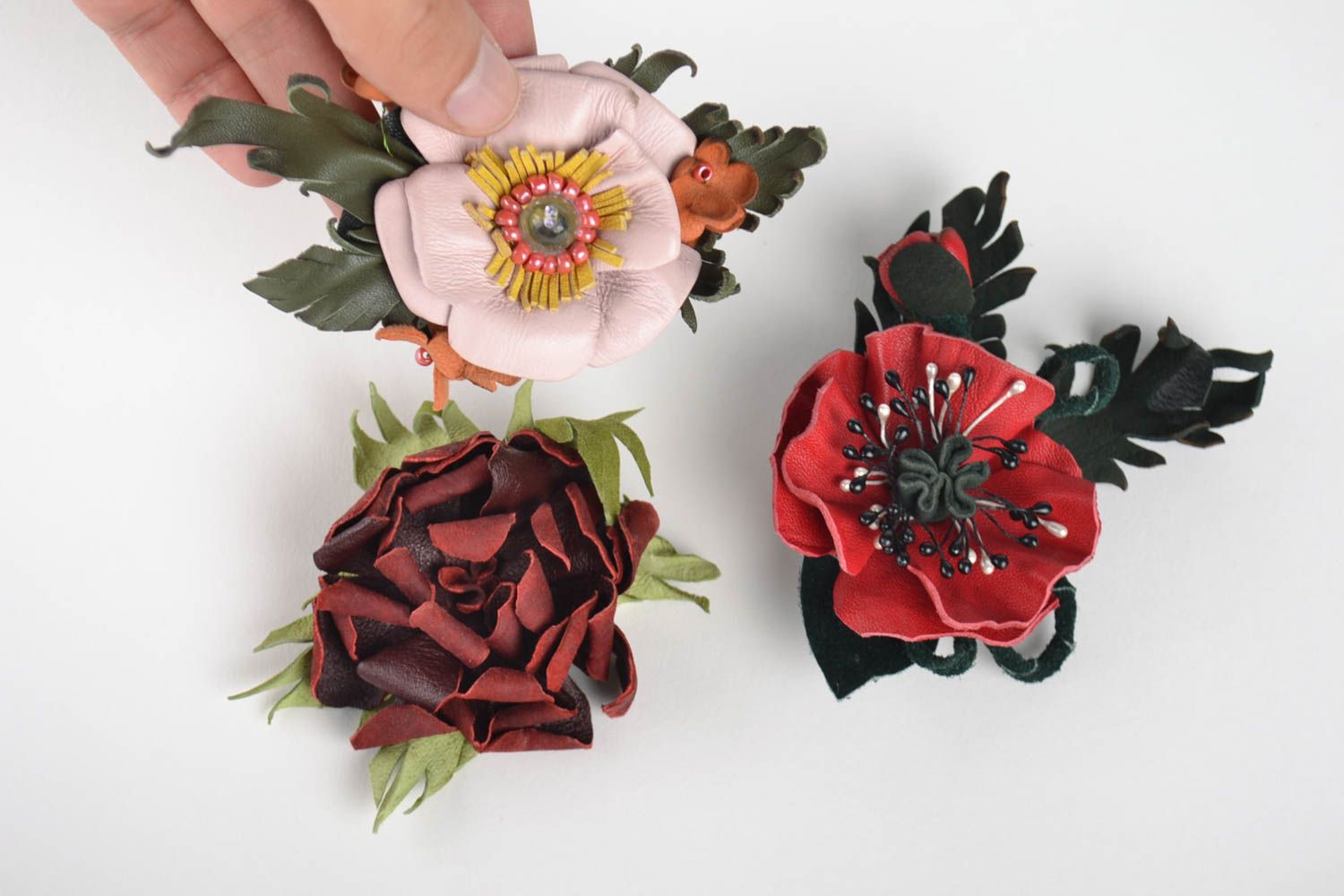 Handmade brooch in the shape of flowers unique leather accessories for woman photo 4