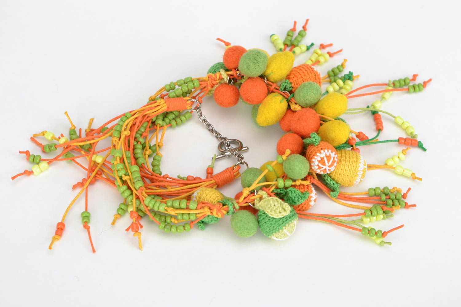 Handmade bead necklace crocheted over with cotton threads Citrus Bouquet photo 5