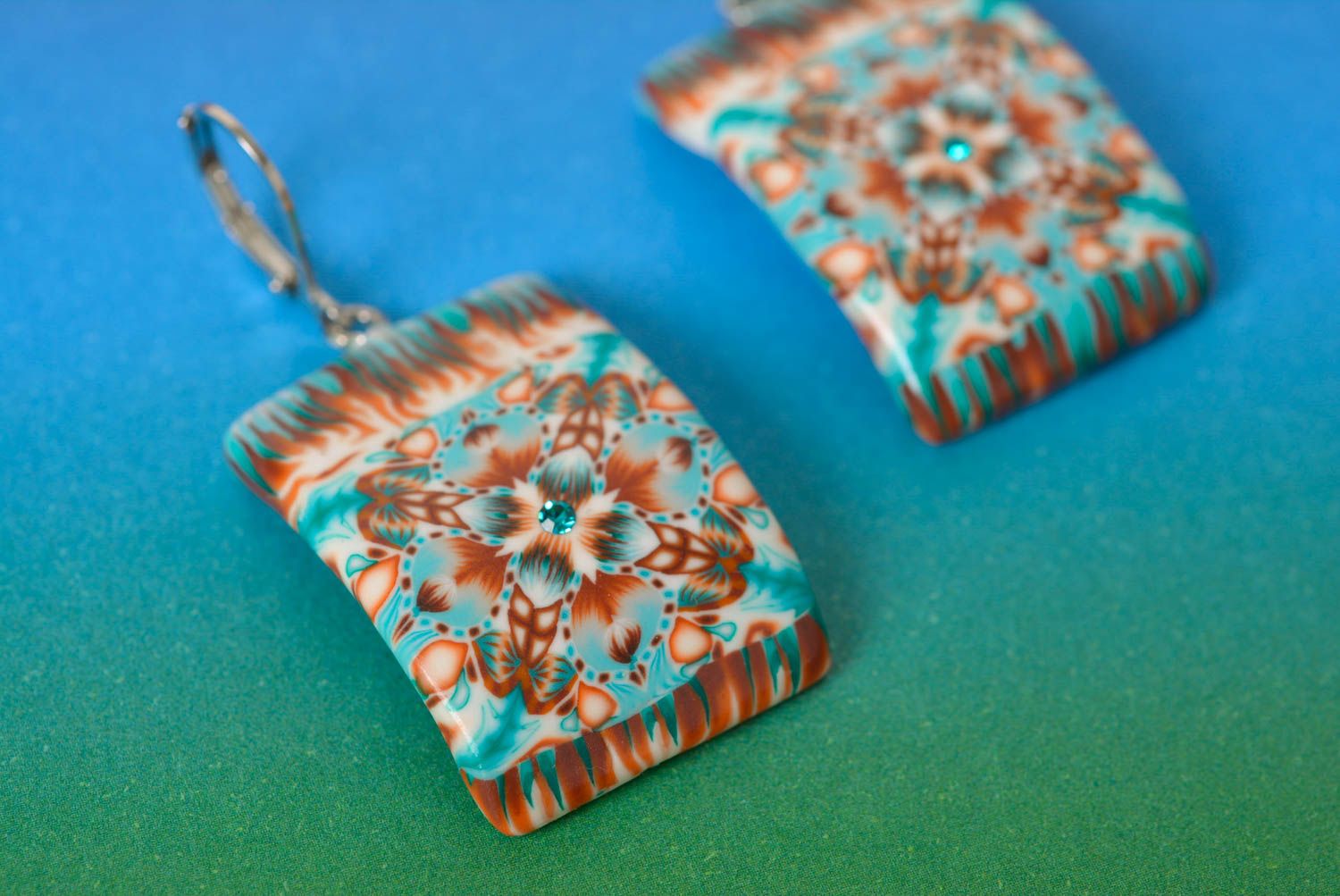 Handmade unusual rectangular polymer clay dangle earrings with colorful ornament photo 3