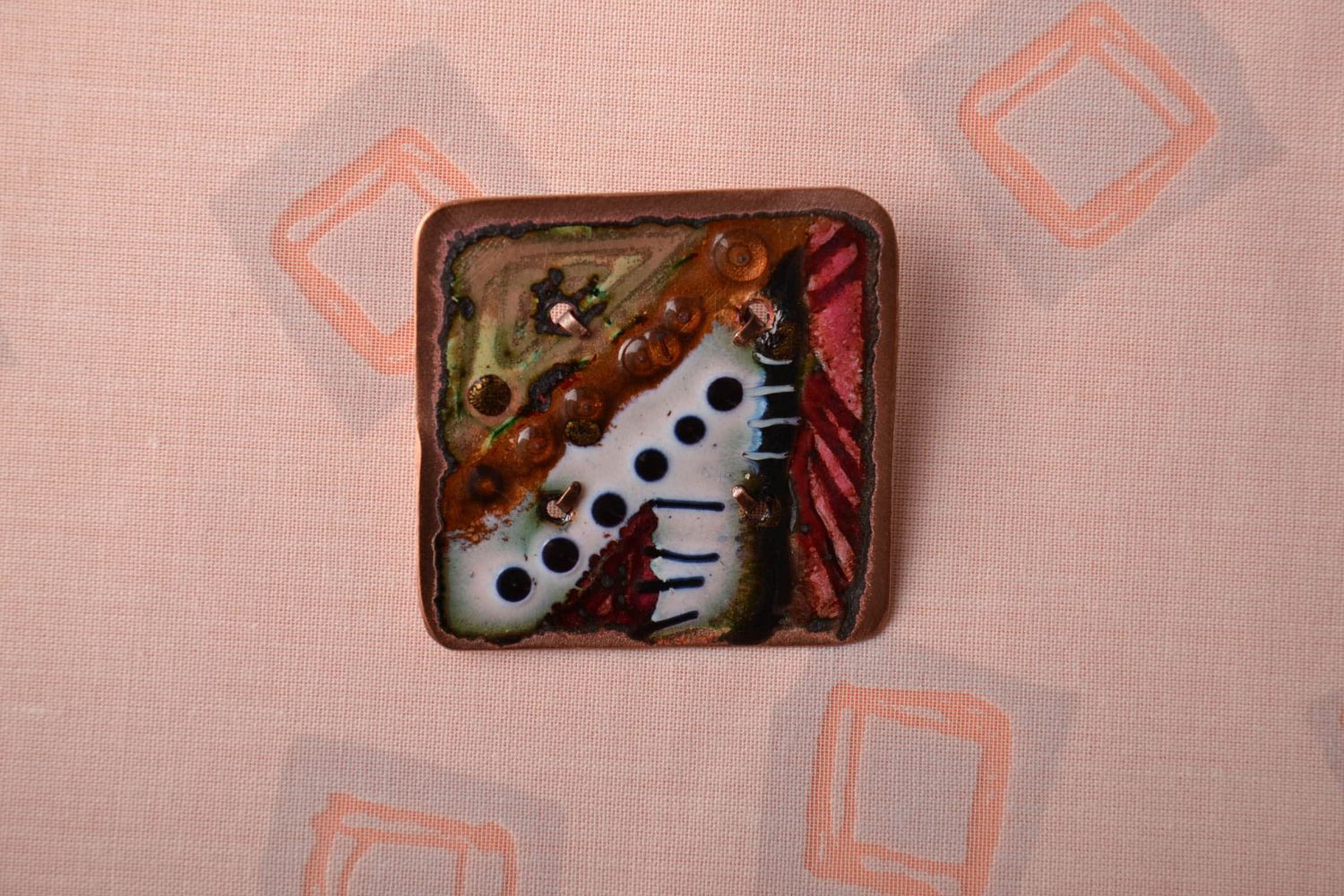 Handmade copper brooch painted with enamels photo 1