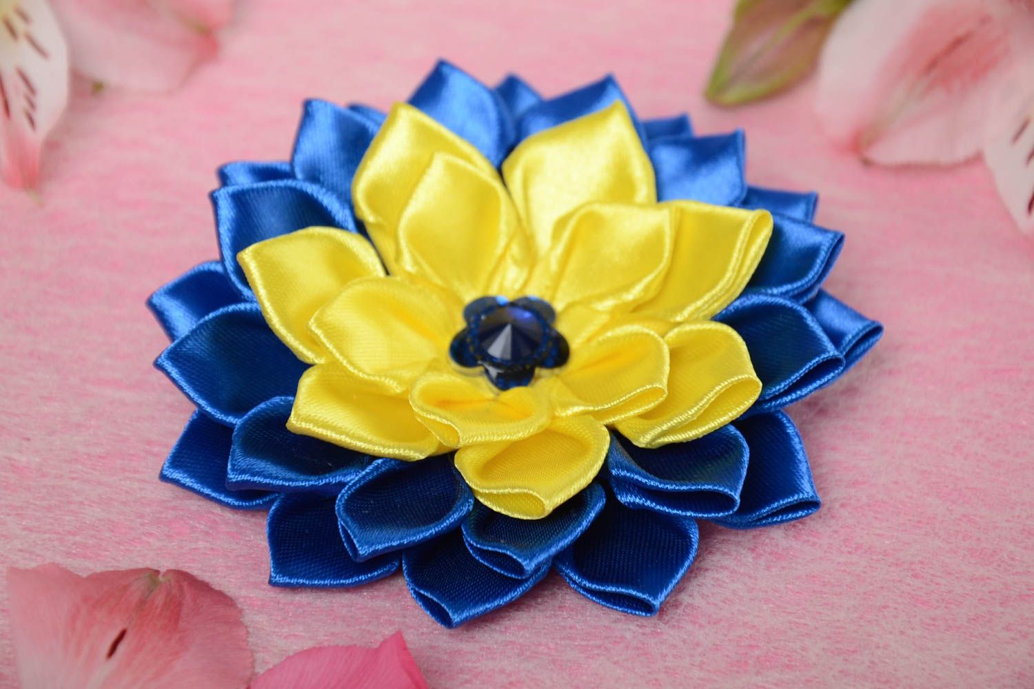 Handmade blue and yellow puffy hair clip with a flower of satin ribbons photo 1