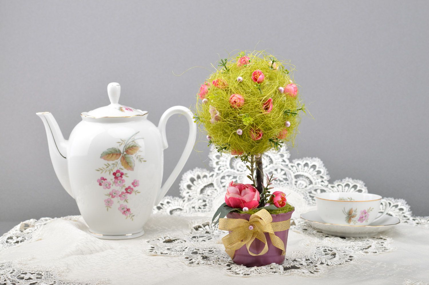 Arbre topiaire décoratif vert en sisal fait main avec fleurs décoration table photo 5