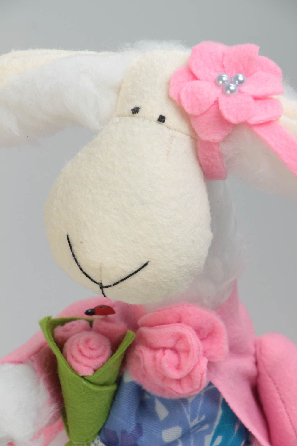Handmade designer soft toy sewn of faux fur cute lamb girl in pink jacket photo 3