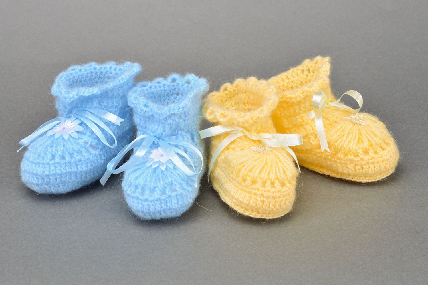 A set of hand-crocheted baby booties made of acrylic yarns two pairs of yellow and blue colors photo 1