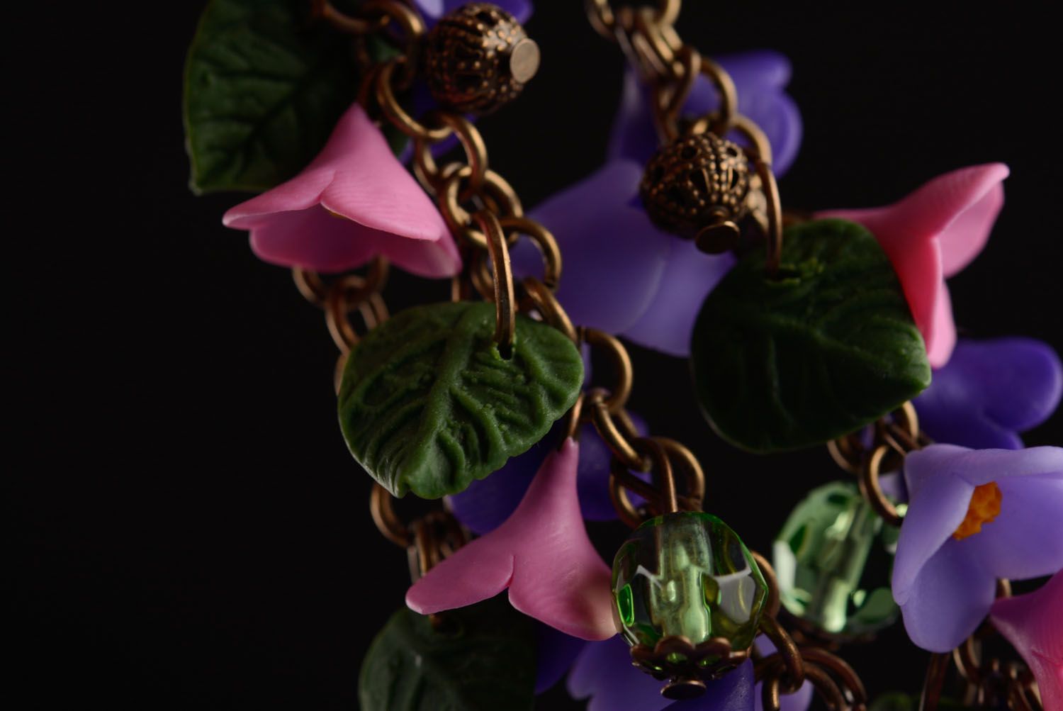 Dark blue, light blue, pink lilac flowers' bracelet for a girl photo 3