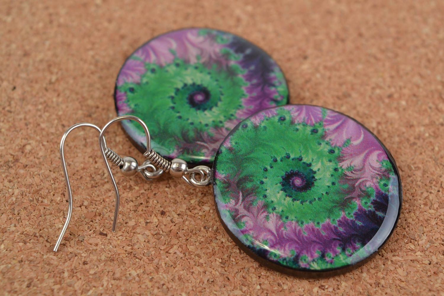 Large handmade designer polymer clay round earrings with decoupage photo 1