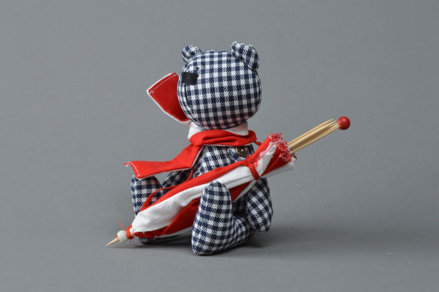 Handmade black and white checkered fabric soft toy bear with red umbrella and bow photo 3